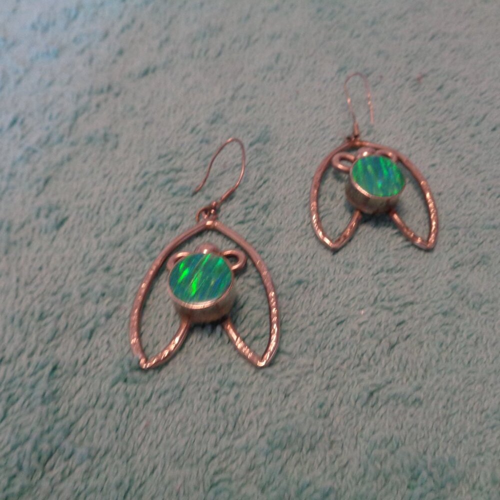 EARTHY BOHO FAIRYCORE BIG SILVERTONE ART EARINGS W  BOWS & GREEN SHINE S…